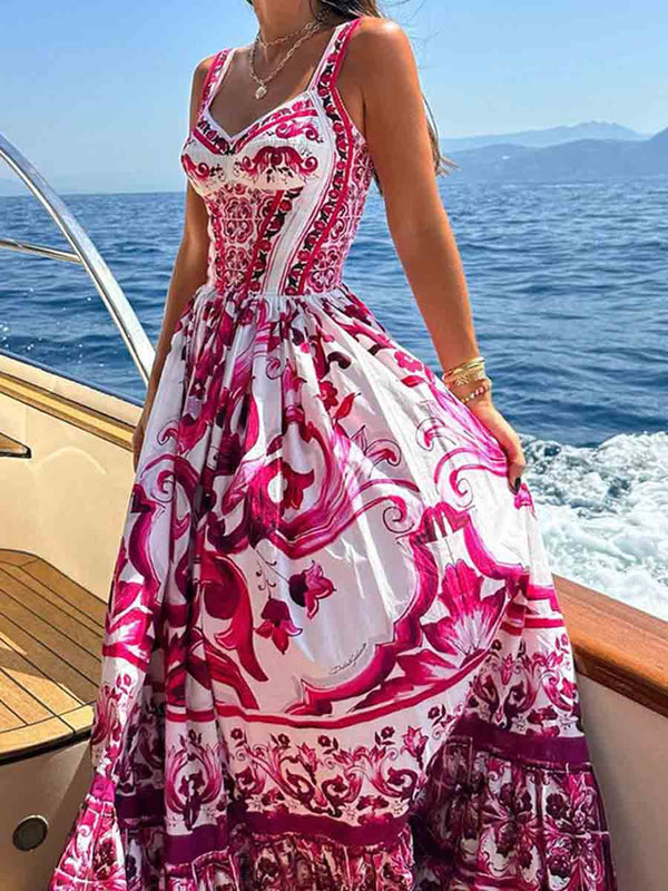 Amsoin Sexy Printed Fashion V-neck Backless High Waist Large Swing Dress