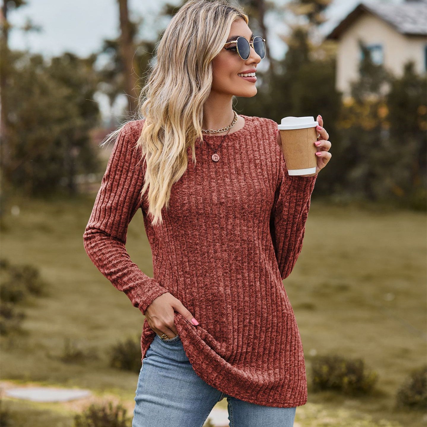 Women Round Neck Brushed Sunken Stripe Solid Color Sweater