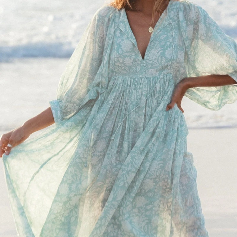 Lantern Sleeve Floral Skirt Loose V-neck A- Line Skirt