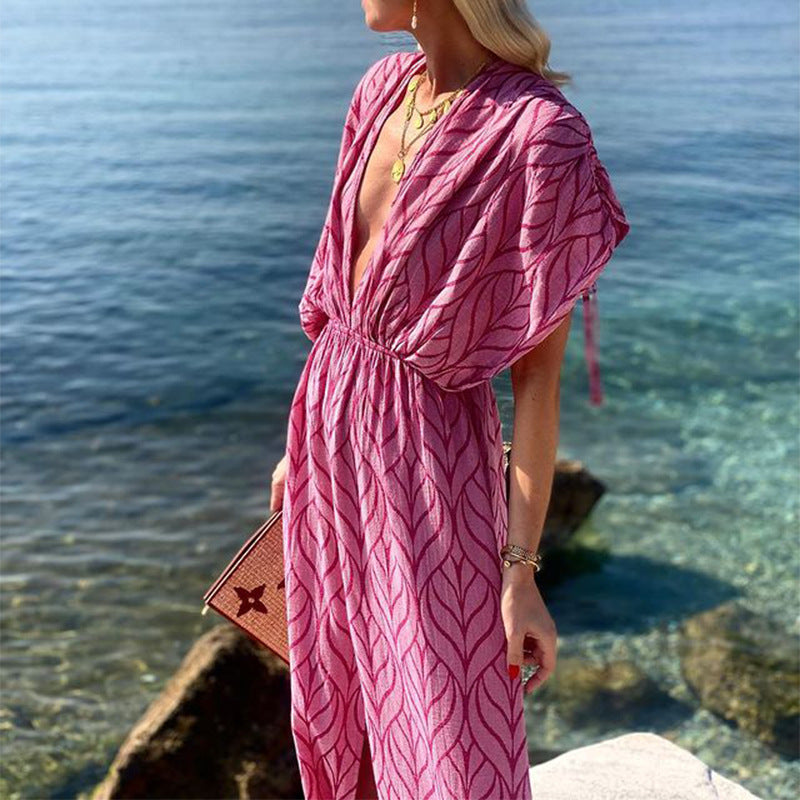 Amsoin Printed Drawstring Design Beach Maxi Dress
