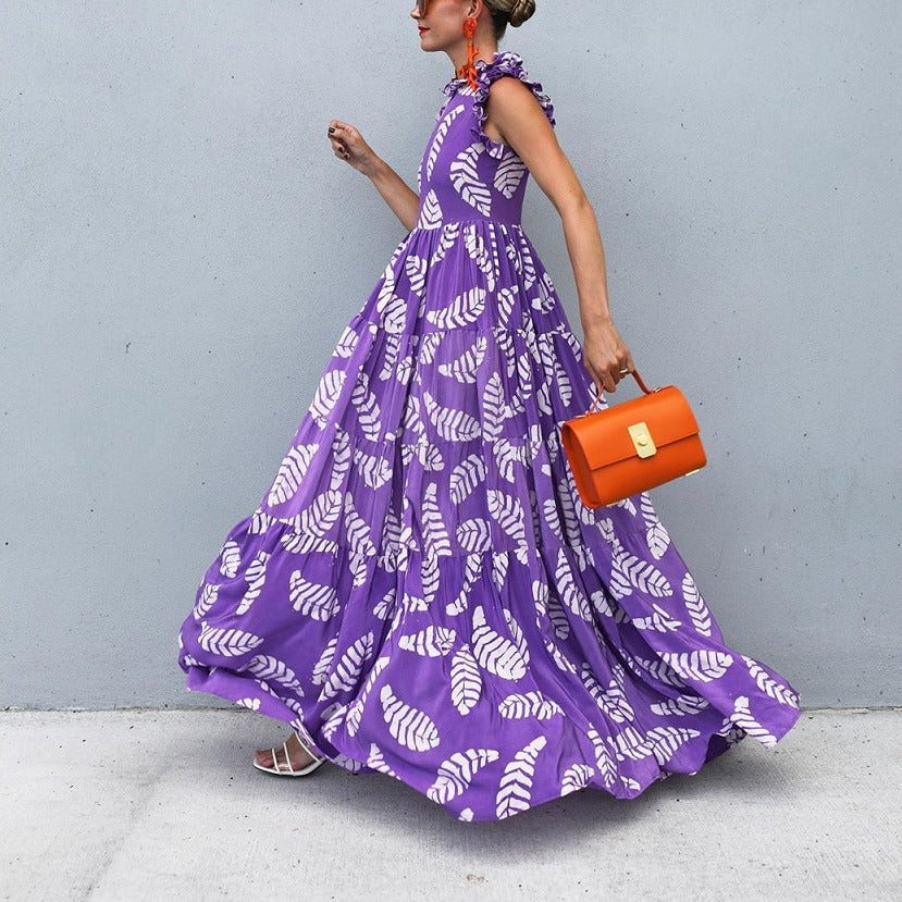 Violet Print Sleeveless Waist-controlled Large Hem Dress