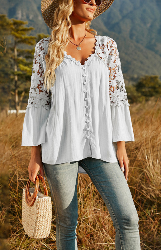 Women's Solid Deep V Pullover Chiffon Blouse-[Adult]-[Female]-Raw white off white-S-2022 Online Blue Zone Planet