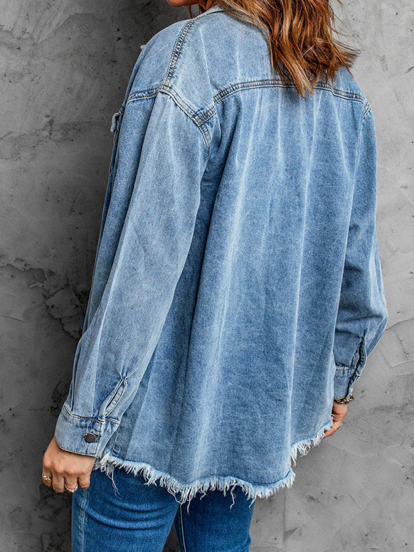 Street trendy denim lapel loose type simple blouse-[Adult]-[Female]-2022 Online Blue Zone Planet