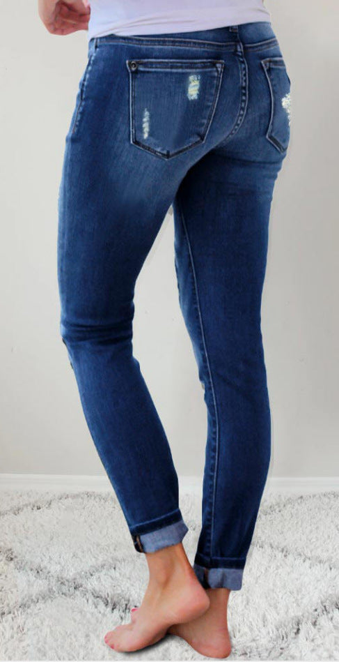 Printed Denim Stretch Pants With Holes