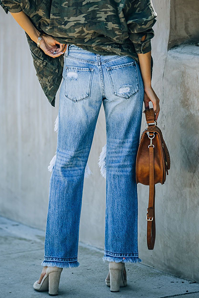 Casual Patchwork Tassel Ripped Make Old Straight Bottoms