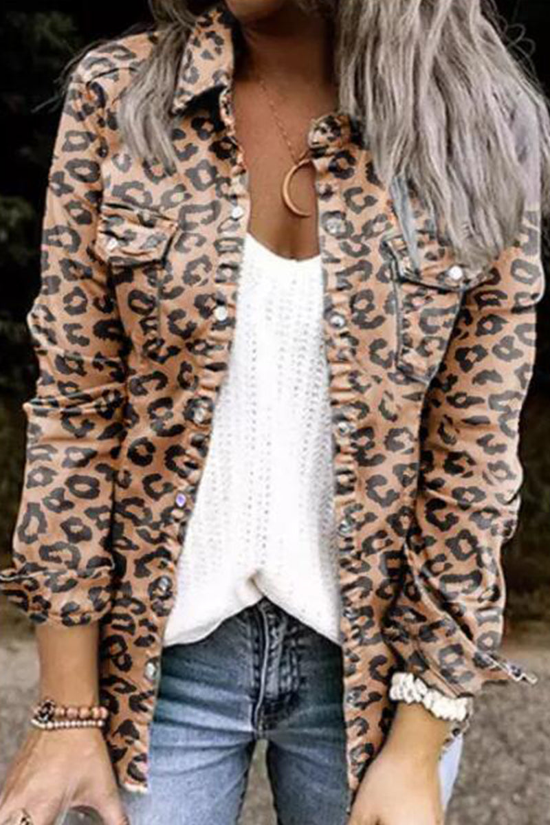 Amsoin Leopard Patchwork Turndown Collar Tops