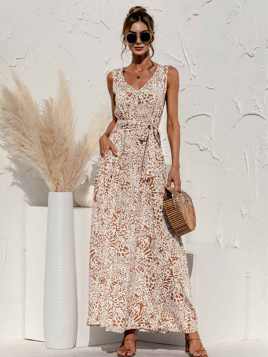 Amsoin Fashion Casual Leopard Patchwork V Neck A Line Dresses(5 colors)