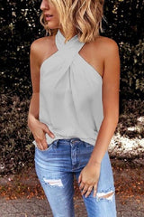 Amsoin Solid Criss Cross Halter Tank Top