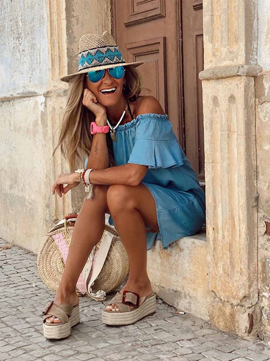 Amsoin Ruffled Sleeve Denim Dress