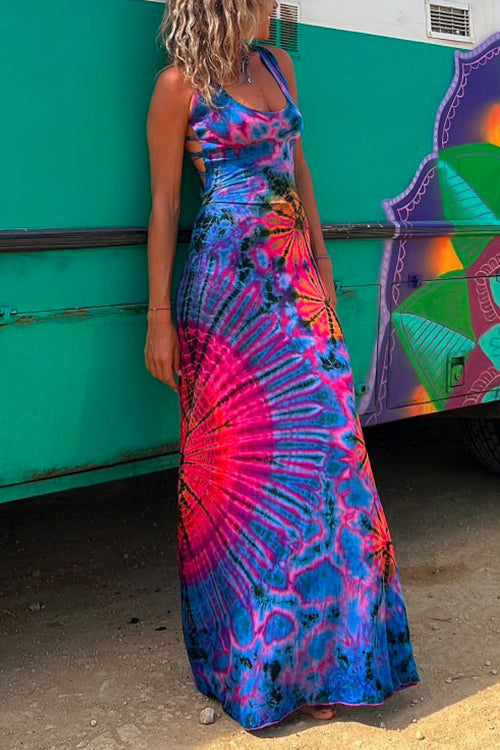 Amsoin Criss Cross Backless Tie Dye Maxi Cami Dress