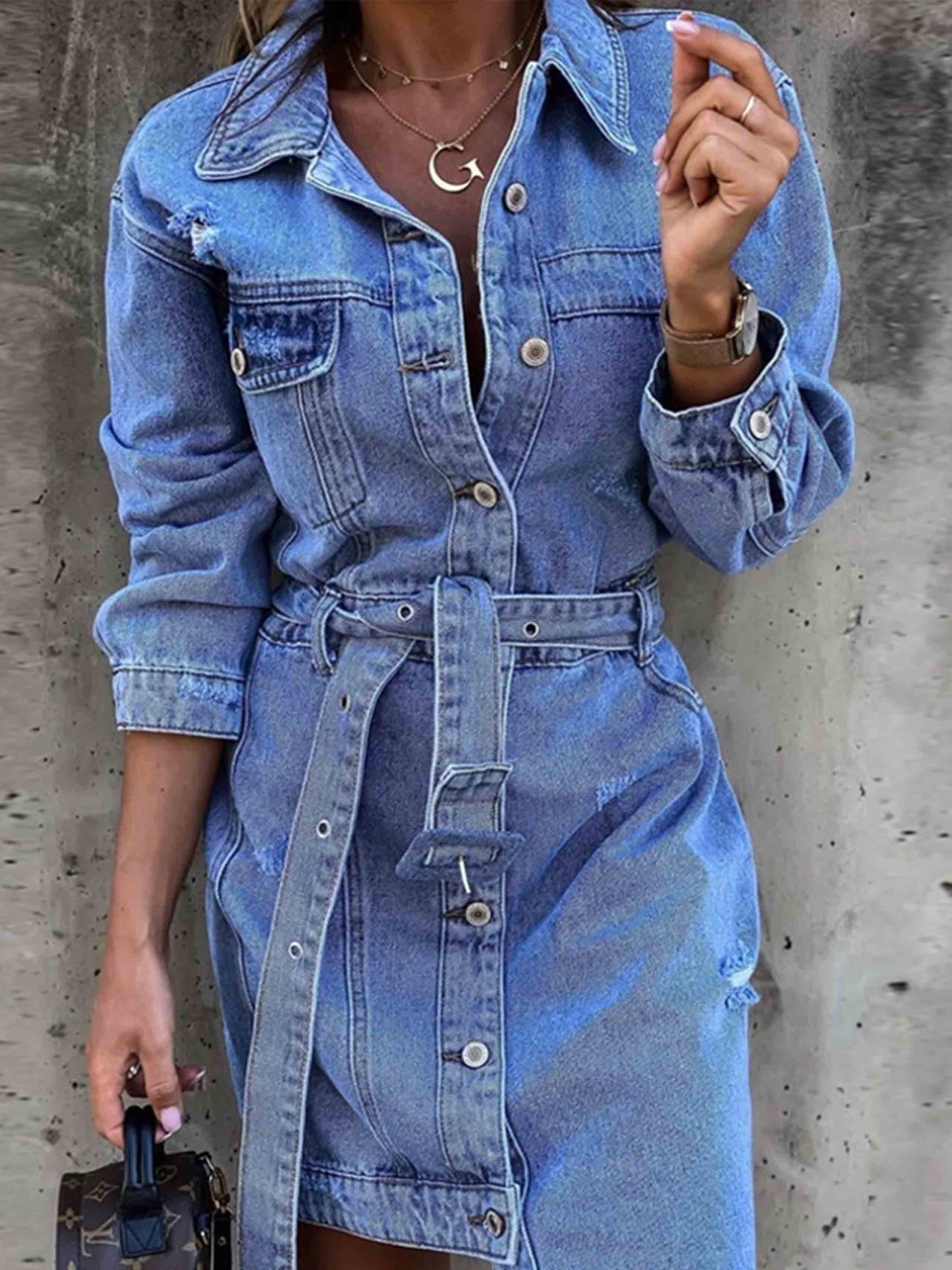 Amsoin Sexy Denim Dress With Belt