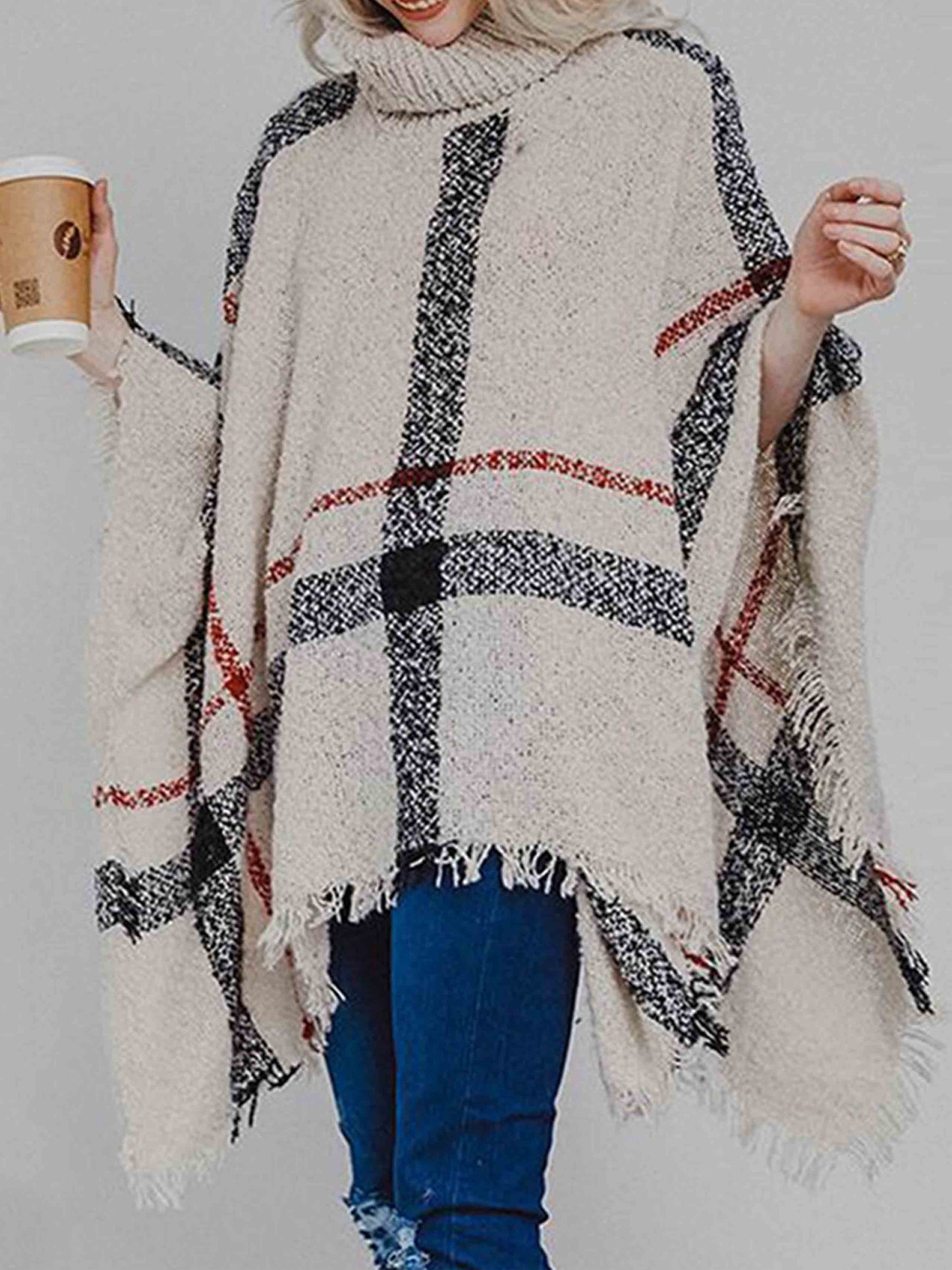Amsoin High Neck Fringed Cloak Shawl