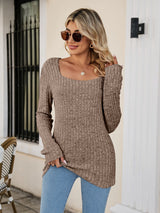 Square Neck Ribbed Long Sleeve Sweater