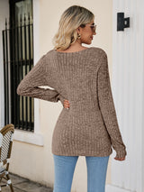 Square Neck Ribbed Long Sleeve Sweater