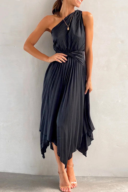 Amsoin One Shoulder Sleeveless Waisted Swing Dress