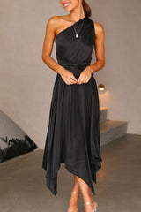 Amsoin One Shoulder Sleeveless Waisted Swing Dress