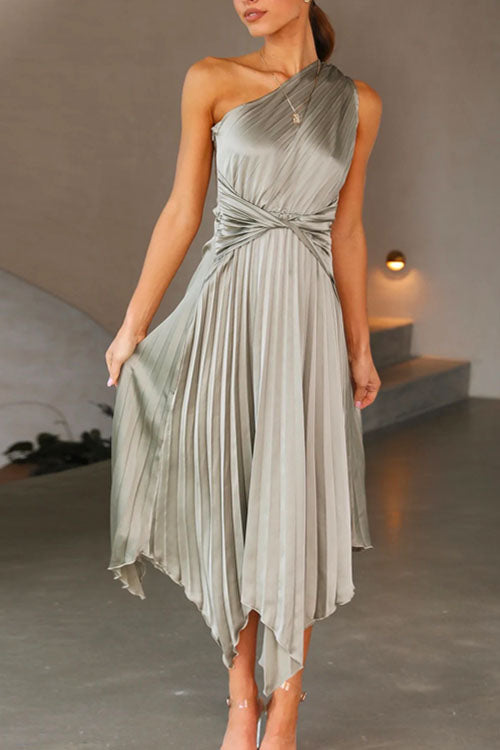 Amsoin One Shoulder Sleeveless Waisted Swing Dress