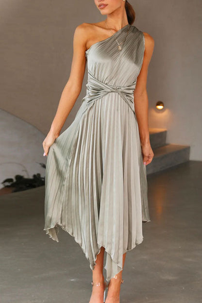 Amsoin One Shoulder Sleeveless Waisted Swing Dress