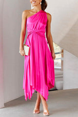 Amsoin One Shoulder Sleeveless Waisted Swing Dress