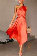 Amsoin One Shoulder Sleeveless Waisted Swing Dress