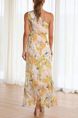 Amsoin Floral One Shoulder Elastic Waist Pleated Maxi Dress