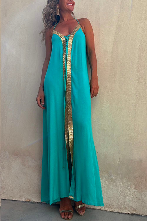 Amsoin V Neck Backless Sequin Detailed Cami Maxi Dress