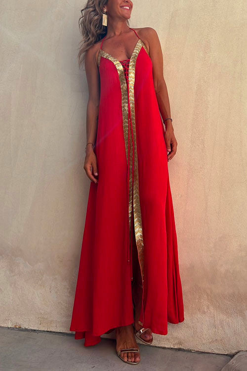 Amsoin V Neck Backless Sequin Detailed Cami Maxi Dress