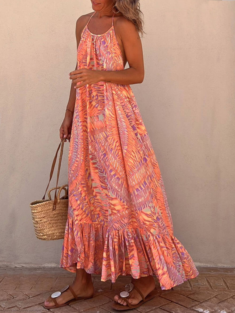 Amsoin Ethnic Print A-line Vacation Maxi Dress