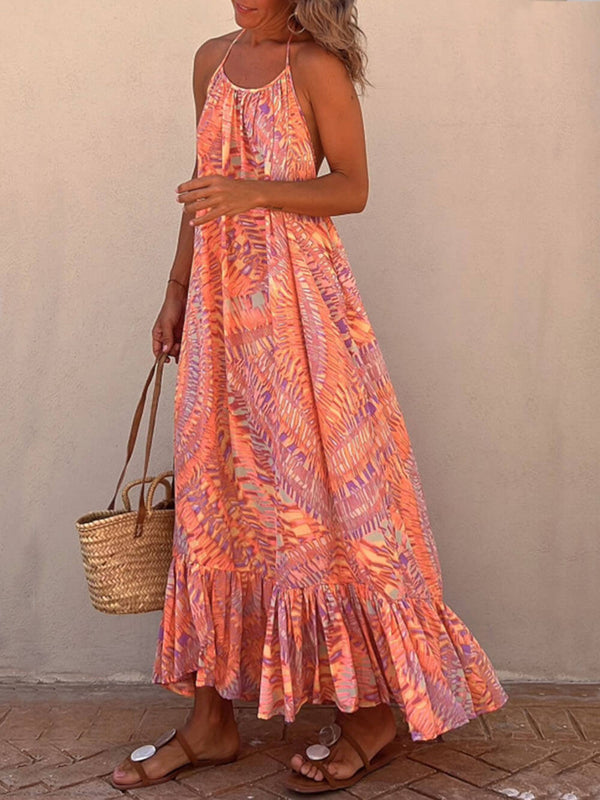 Amsoin Ethnic Print A-line Vacation Maxi Dress