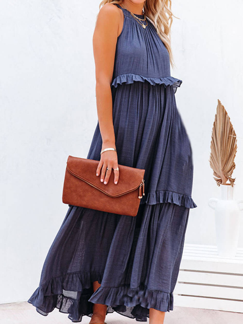 Amsoin Irregular Cake Sleeveless Maxi Dress