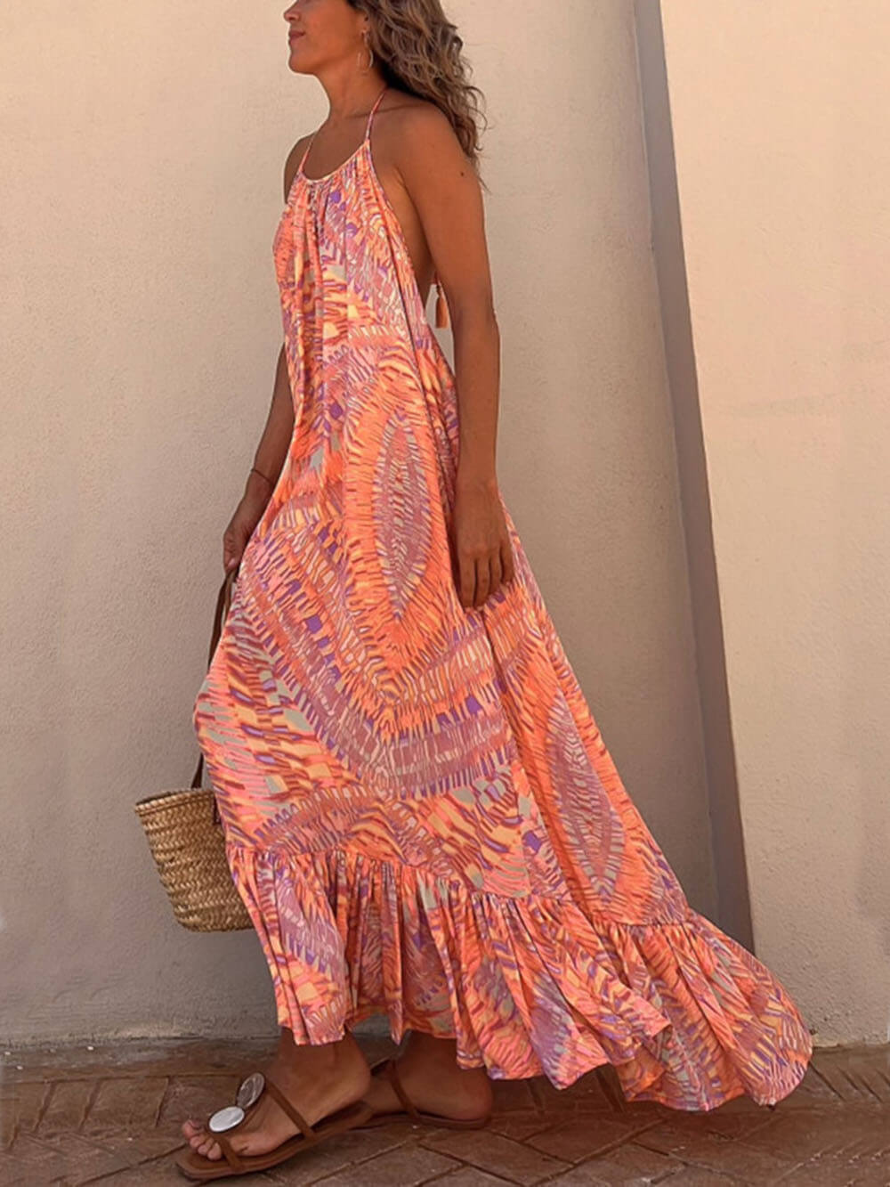 Amsoin Ethnic Print A-line Vacation Maxi Dress