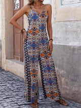 Amsoin Suspender Print Wide-Leg Jumpsuit