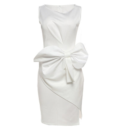 Fashion Bowknot Dress Solid Color Elegant Slim Sleeveless Dresses Women's Casual Office Party Clothing