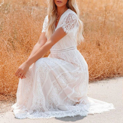 Deep V Pullover Lace Dress