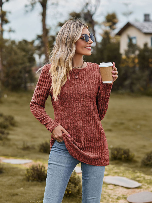 Women Round Neck Brushed Sunken Stripe Solid Color Sweater