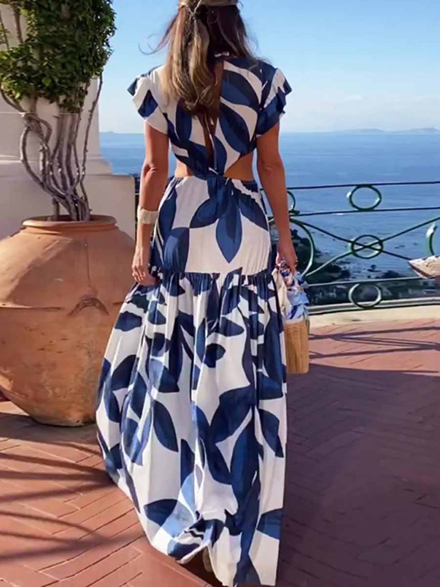 Amsoin Printed V-neck Puff Sleeve Long Sexy Waistless Dress