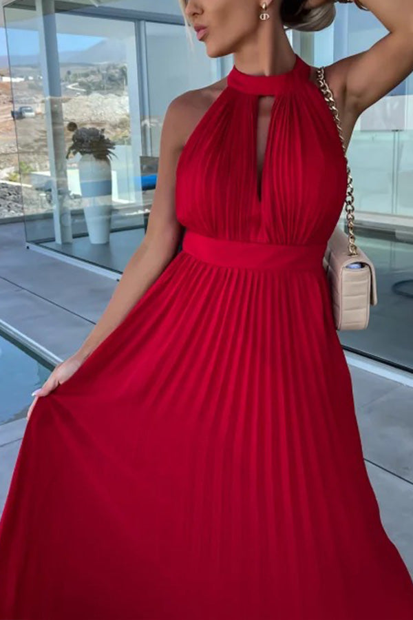 Amsoin Halter Neck Pleated Swing Dress