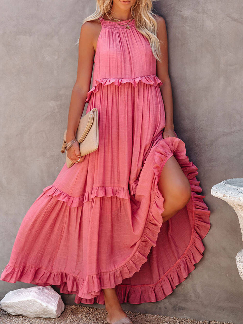 Amsoin Irregular Cake Sleeveless Maxi Dress