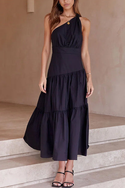 Amsoin One Shoulder High Waist Tiered Maxi Dress