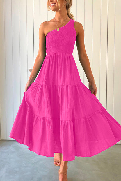 Amsoin One Shoulder Sleeveless Smocked Ruffle Tiered Maxi Dress