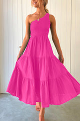 Amsoin One Shoulder Sleeveless Smocked Ruffle Tiered Maxi Dress