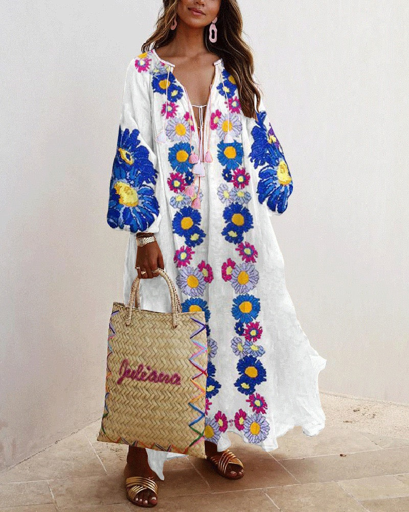 Deep V Neck Puff Sleeves Tassel Floral Maxi Swing Dress