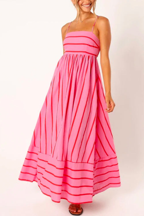 Amsoin High Waist Back Cut Out Striped Maxi Cami Dress