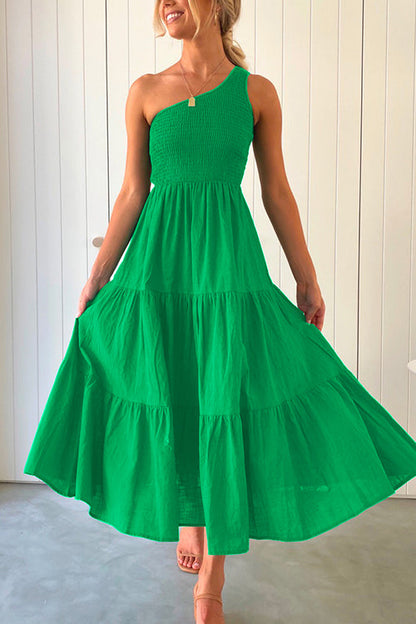 Amsoin One Shoulder Sleeveless Smocked Ruffle Tiered Maxi Dress