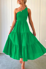 Amsoin One Shoulder Sleeveless Smocked Ruffle Tiered Maxi Dress