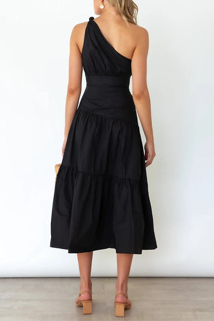 Amsoin One Shoulder High Waist Tiered Maxi Dress