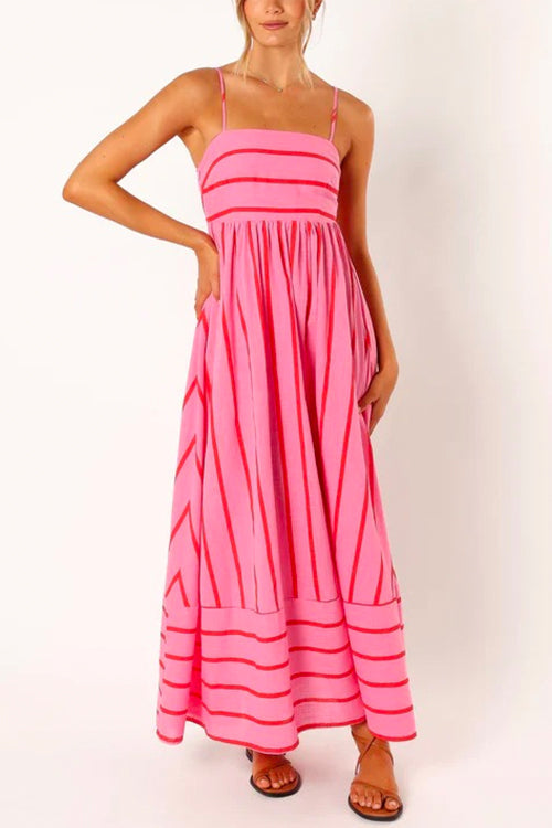 Amsoin High Waist Back Cut Out Striped Maxi Cami Dress