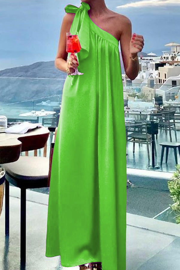 Amsoin One Shoulder Bow Detail Loose Maxi Dress
