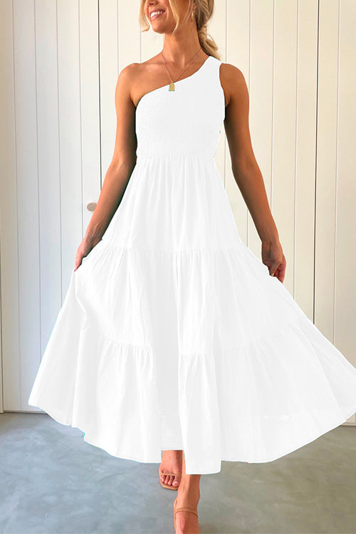 Amsoin One Shoulder Sleeveless Smocked Ruffle Tiered Maxi Dress