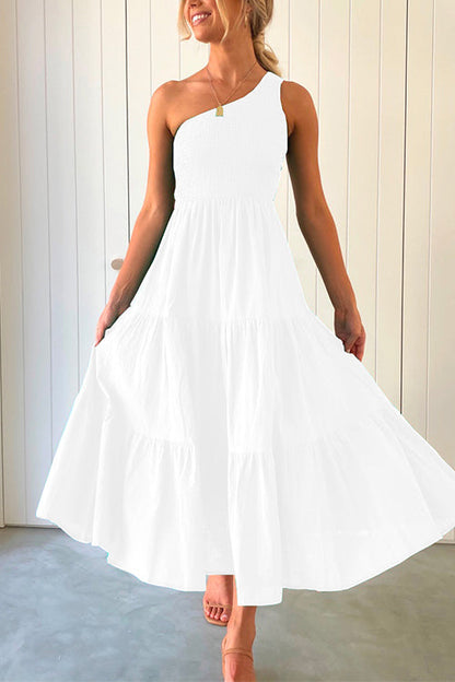 Amsoin One Shoulder Sleeveless Smocked Ruffle Tiered Maxi Dress
